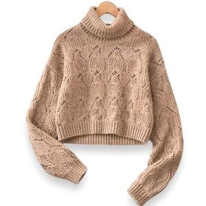 Cable Knit Turtleneck Sweater Tan Oatmeal Size M